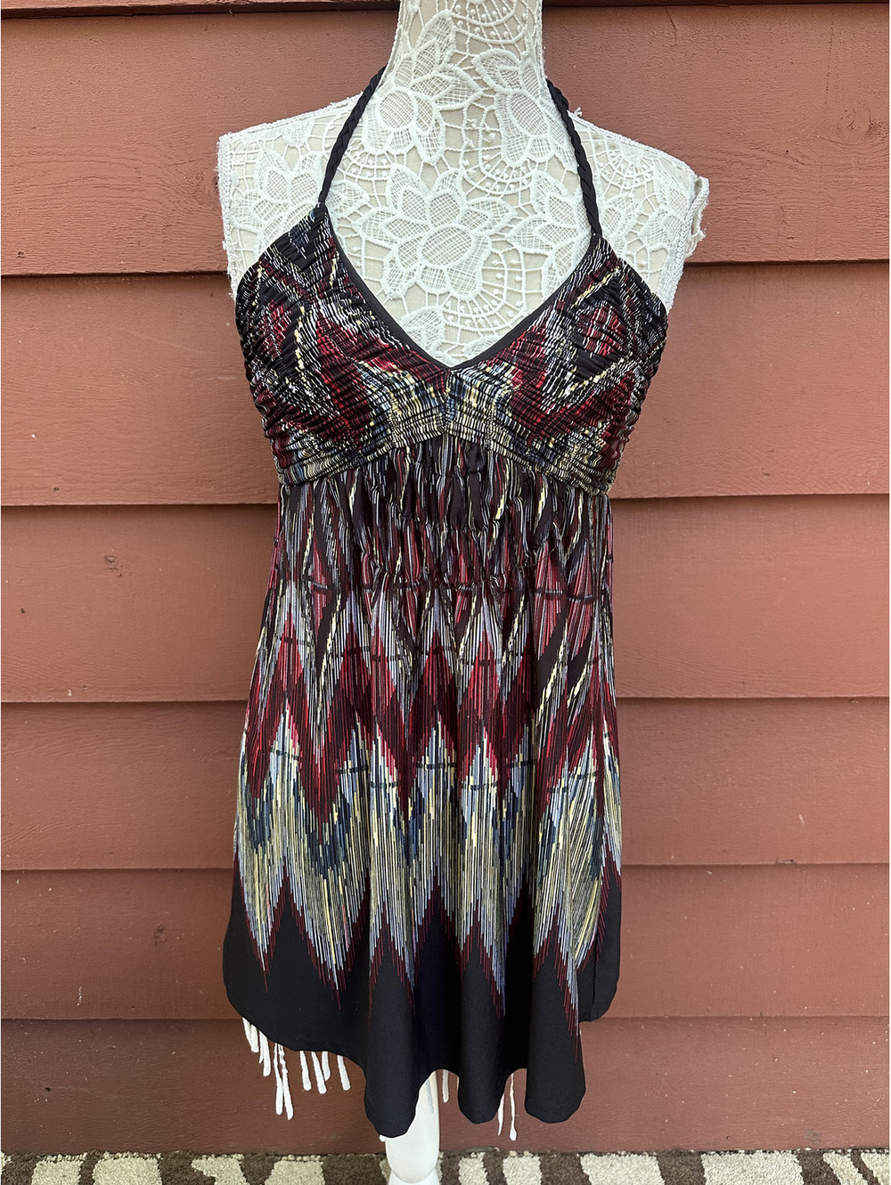 Bohemian Fairy Whimsigoth Halter Dress Black Red Zigzag Pattern